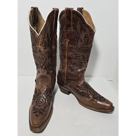 El Dorado Shoes - VTG EL DORADO Western Cowgirl BOOTS Leather Embroidered Brown Distressed 7.5 M